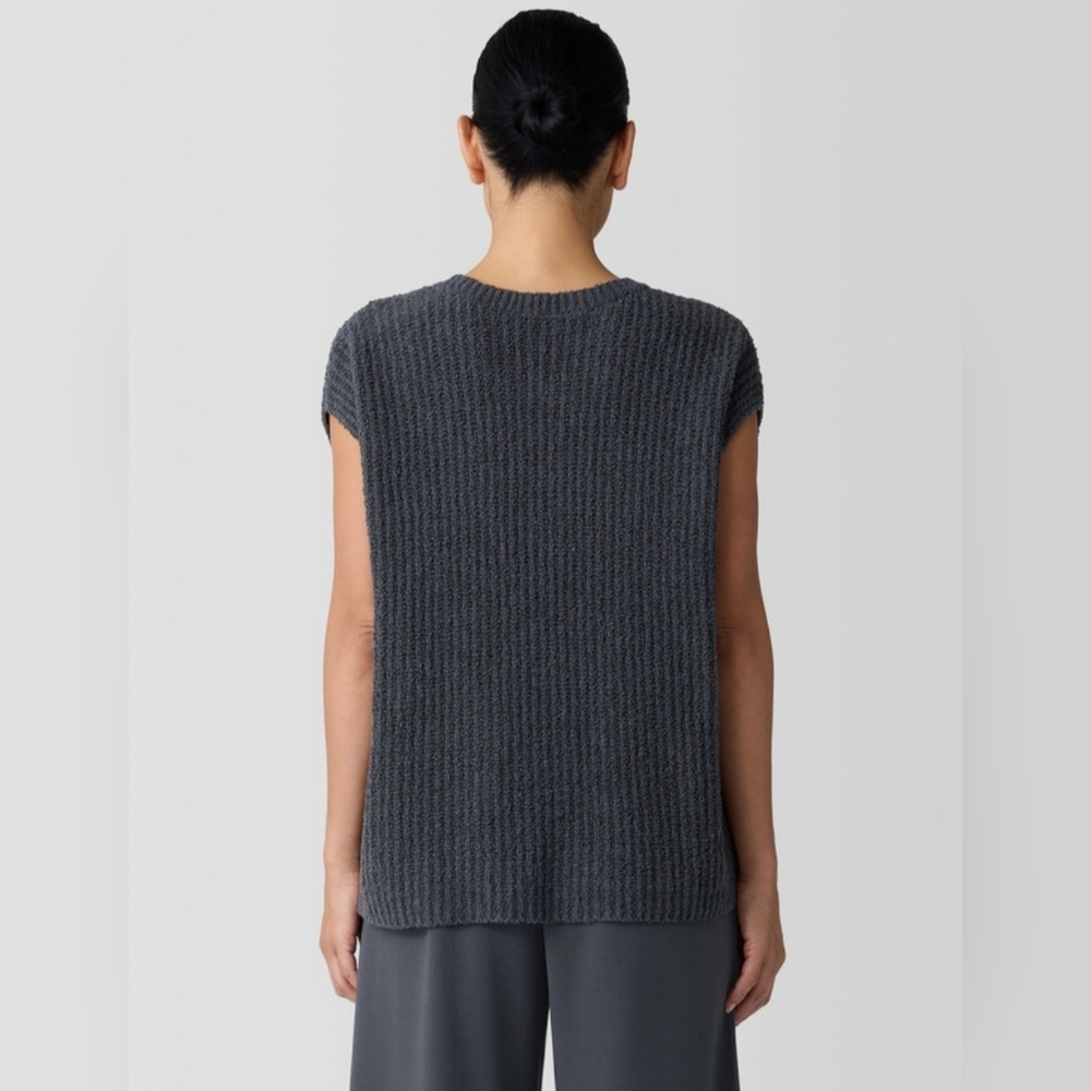 Eileen Fisher Charcoal Organic Cotton Fluff Crew Neck Vest Boucle Knit Top M - Picture 11 of 11